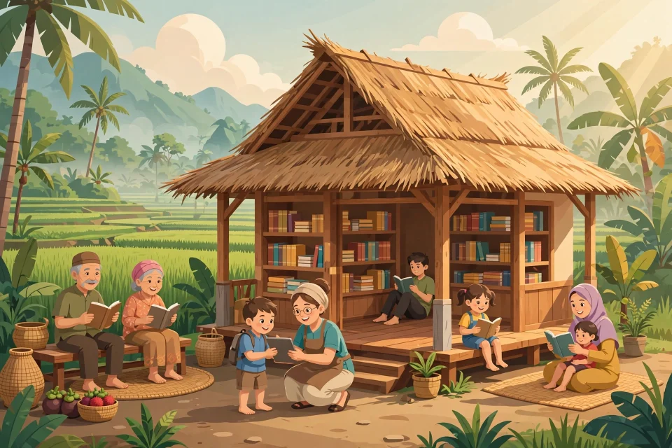 Ilustrasi hangat suasana perpustakaan desa dengan warga desa membaca buku dan menggunakan tablet
