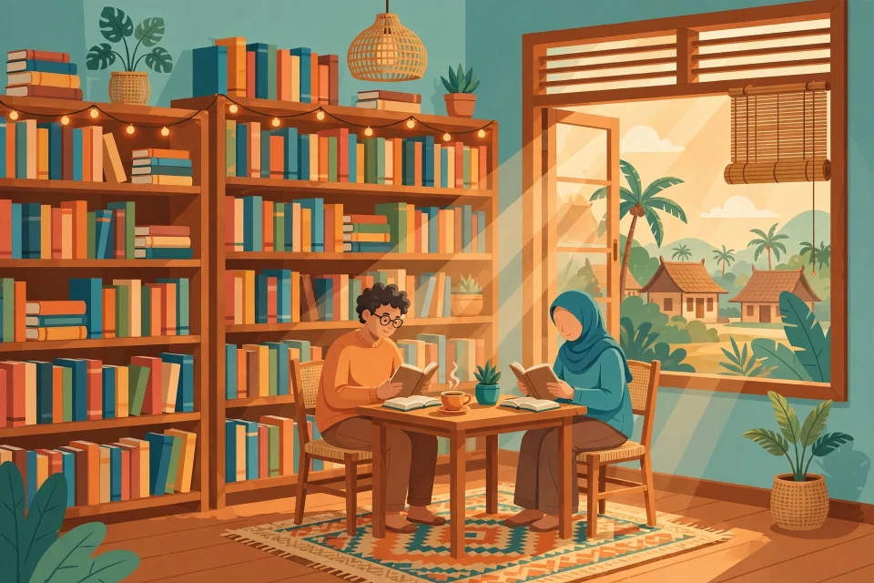 Ilustrasi suasana hangat perpustakaan desa dengan rak buku dan pembaca
