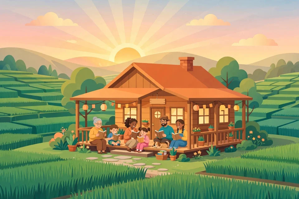 Ilustrasi perpustakaan desa dengan anak-anak dan warga yang sedang membaca buku bersama
