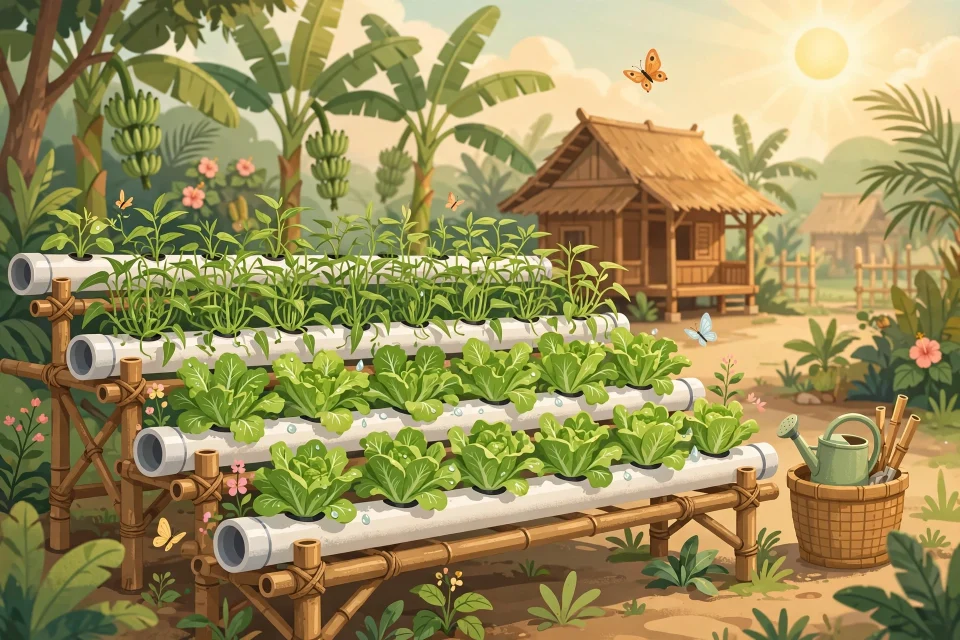 Ilustrasi kebun hidroponik di pekarangan rumah desa dengan pipa paralon berisi sayuran hijau