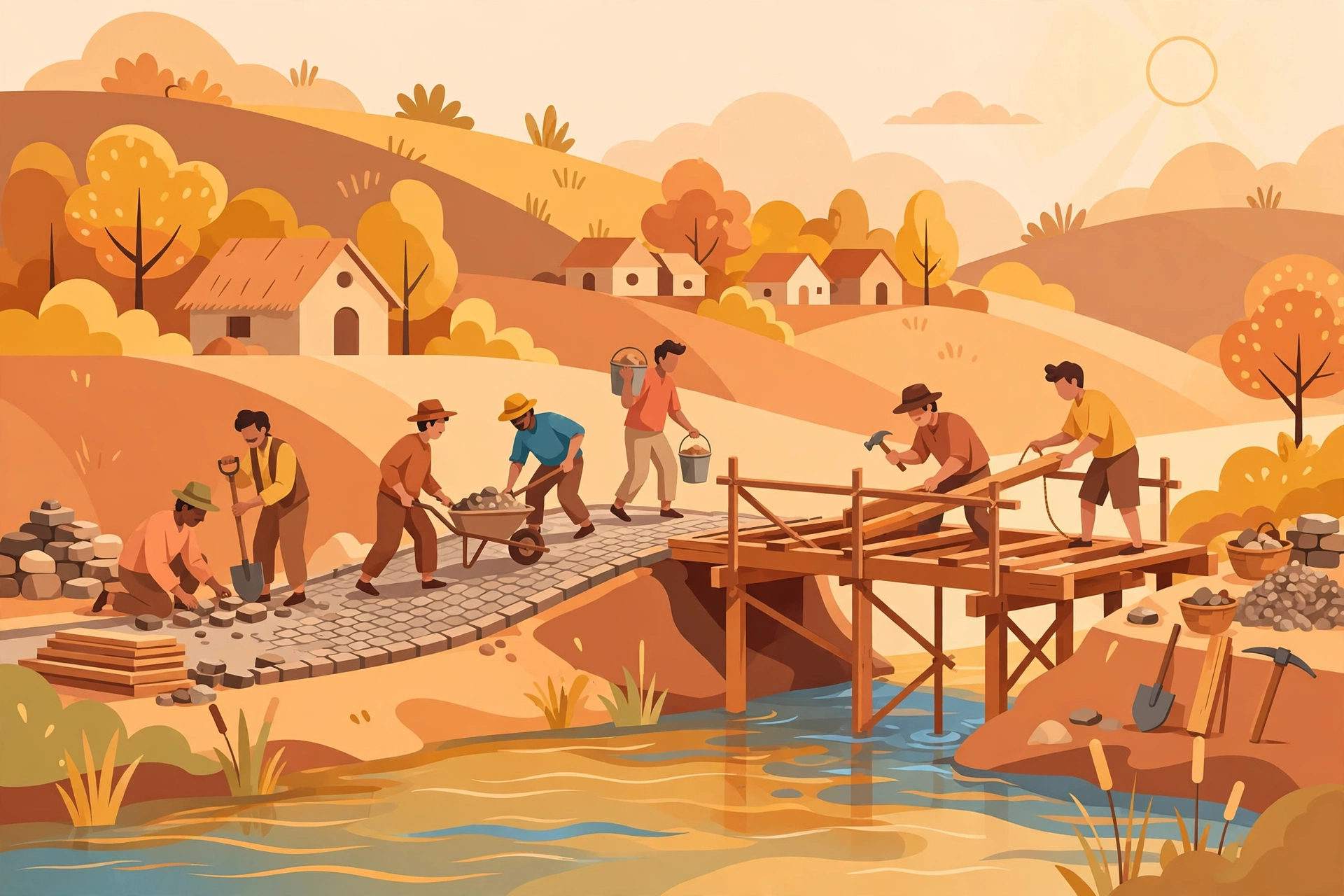 Ilustrasi warga desa bergotong royong membangun infrastruktur desa seperti jalan dan jembatan