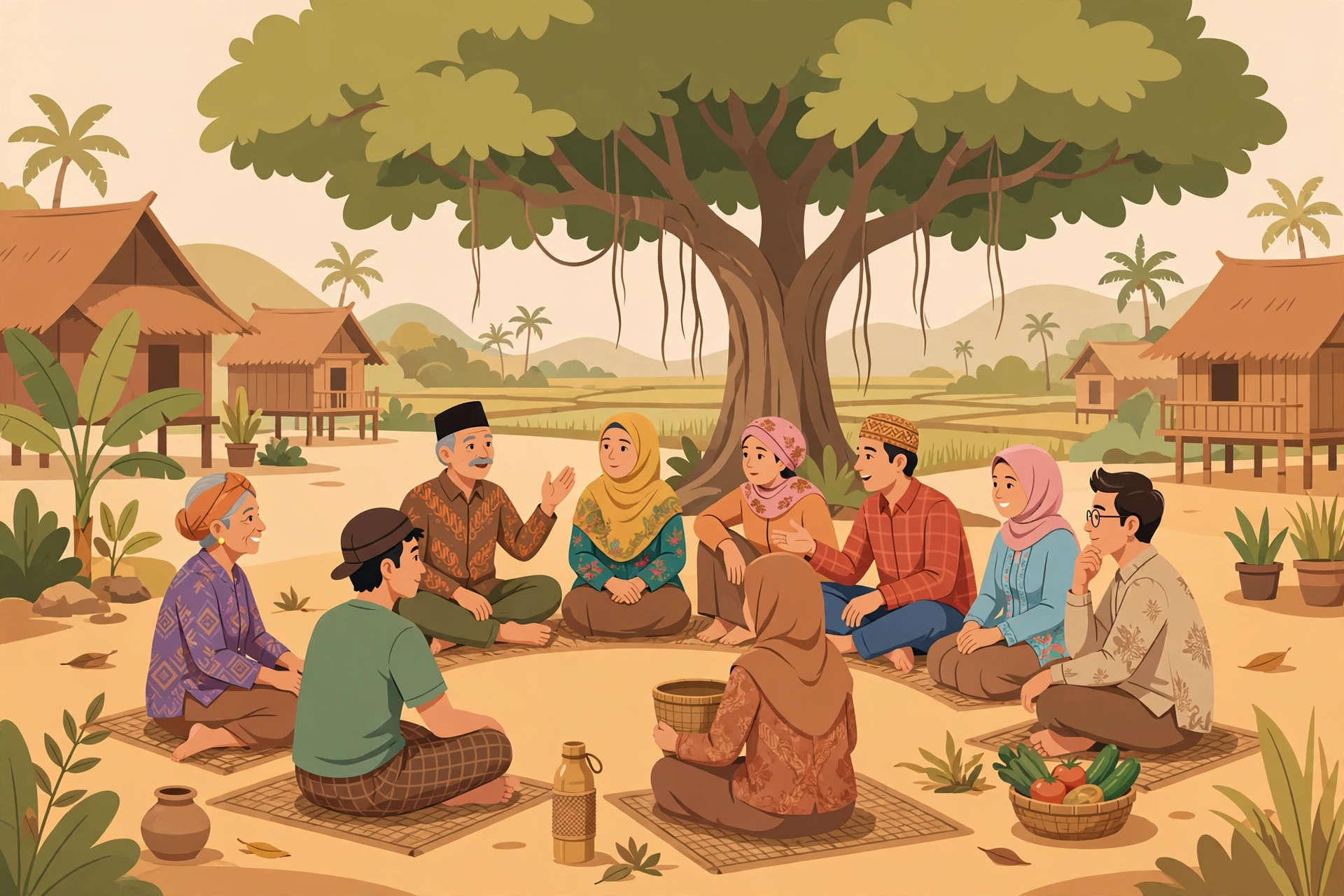 Ilustrasi musyawarah warga desa yang duduk melingkar di bawah pohon beringin untuk merencanakan pembangunan desa
