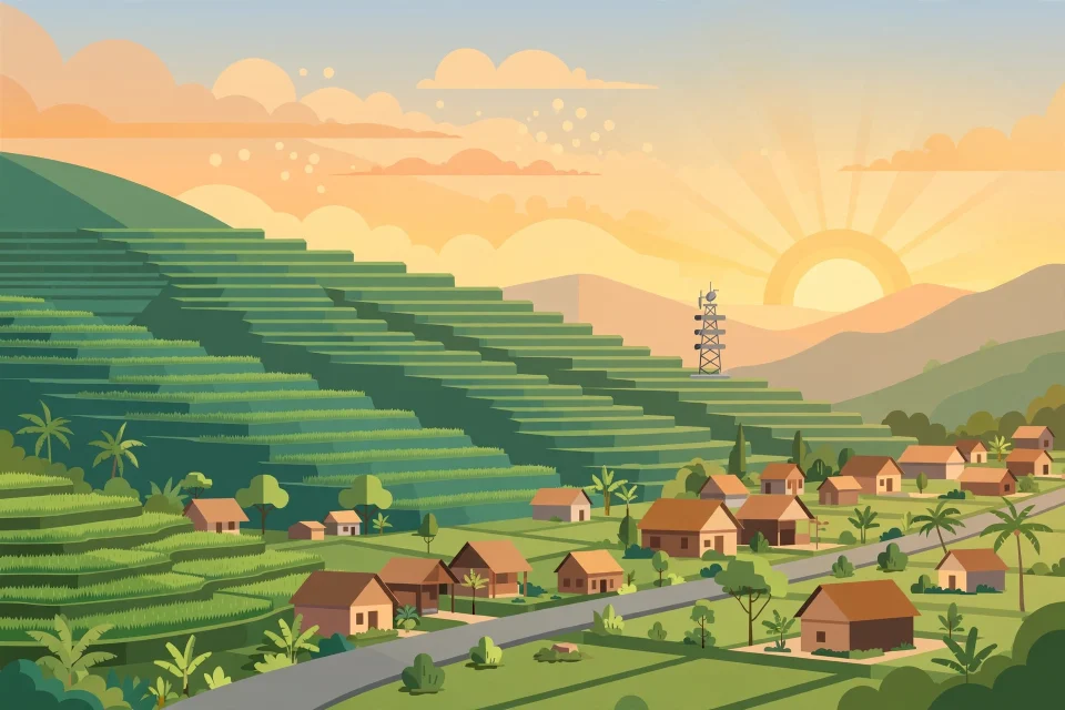 Ilustrasi desa Indonesia yang maju dengan sawah hijau, rumah desa, dan jalan desa di bawah matahari terbit