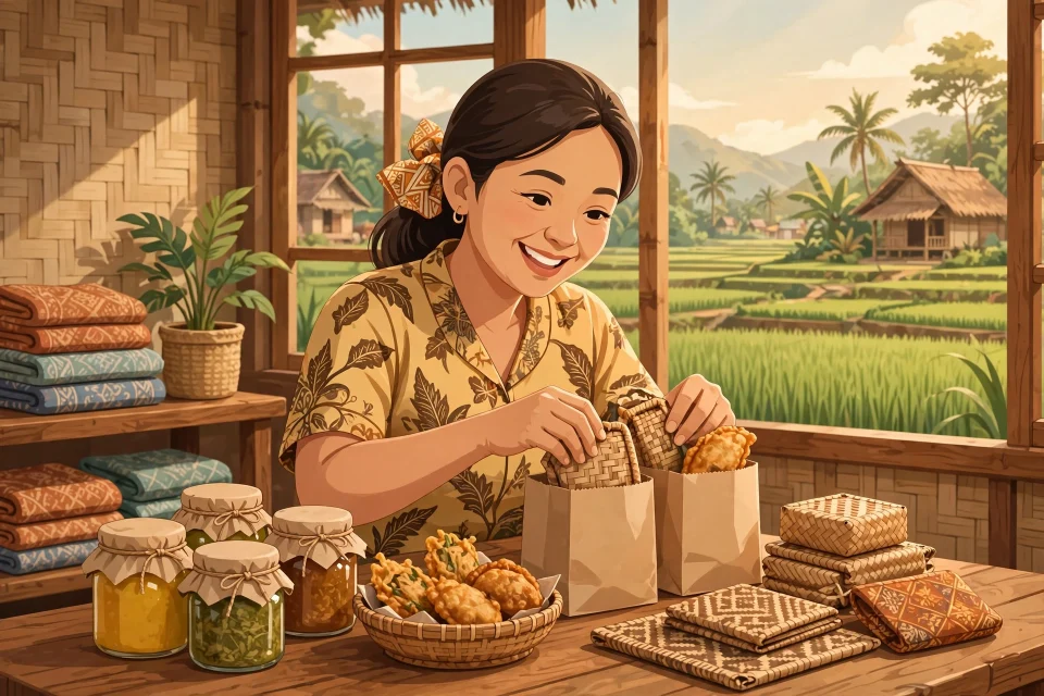 Ilustrasi ibu rumah tangga di desa mengemas jajanan dan kerajinan tangan untuk usaha sampingan