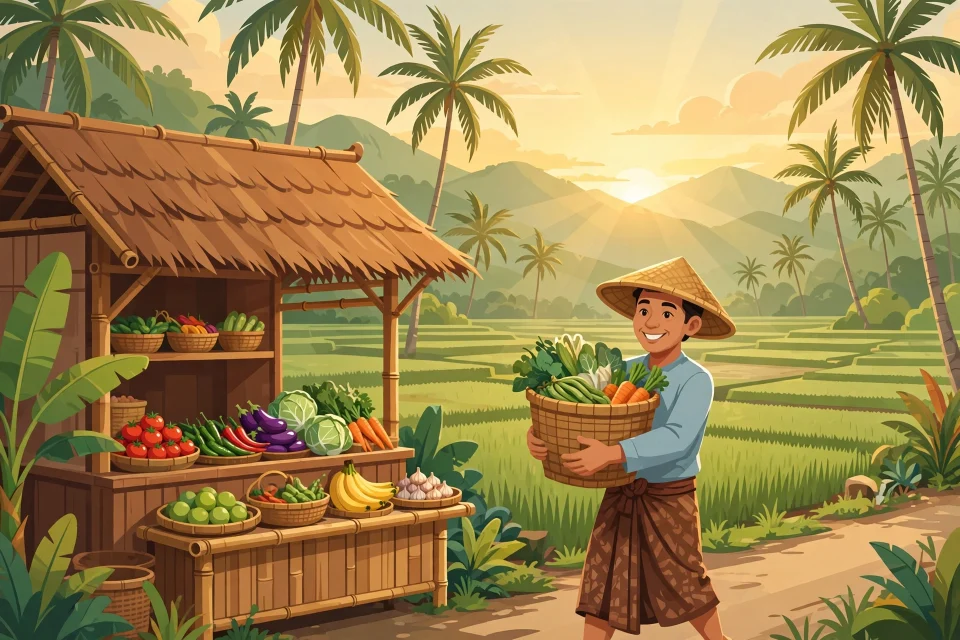 Ilustrasi peluang usaha di desa semi modern: warung, petani, dan sawah hijau