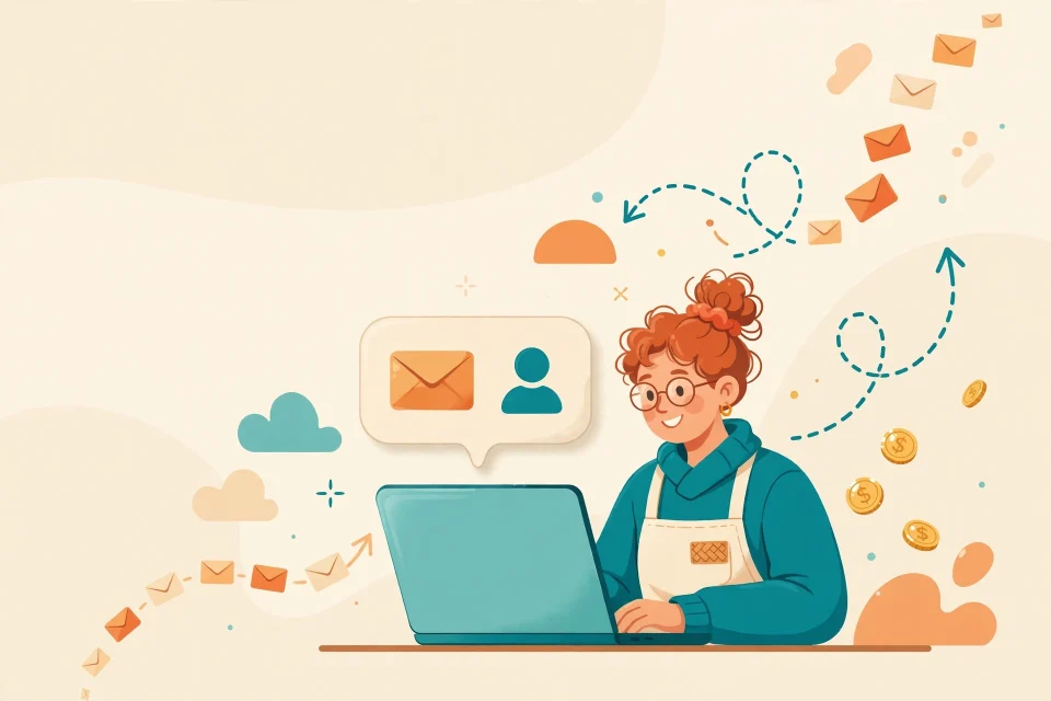 Ilustrasi hangat pemilik usaha kecil mengumpulkan daftar email pelanggan dengan OptinMonster