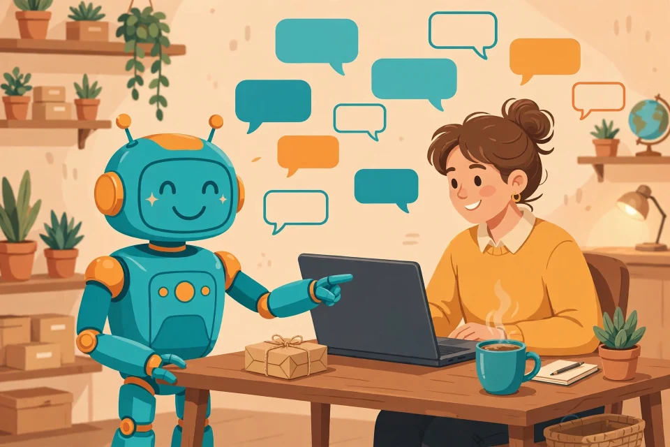 Ilustrasi robot chatbot membantu pemilik usaha di laptop