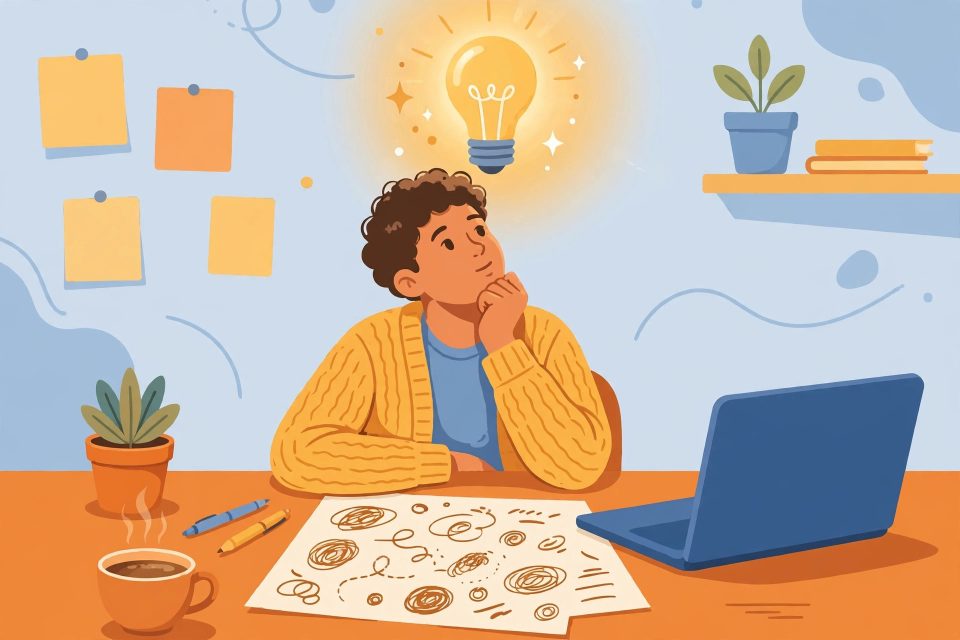 Ilustrasi seseorang yang sedang memikirkan ide nama untuk startup barunya