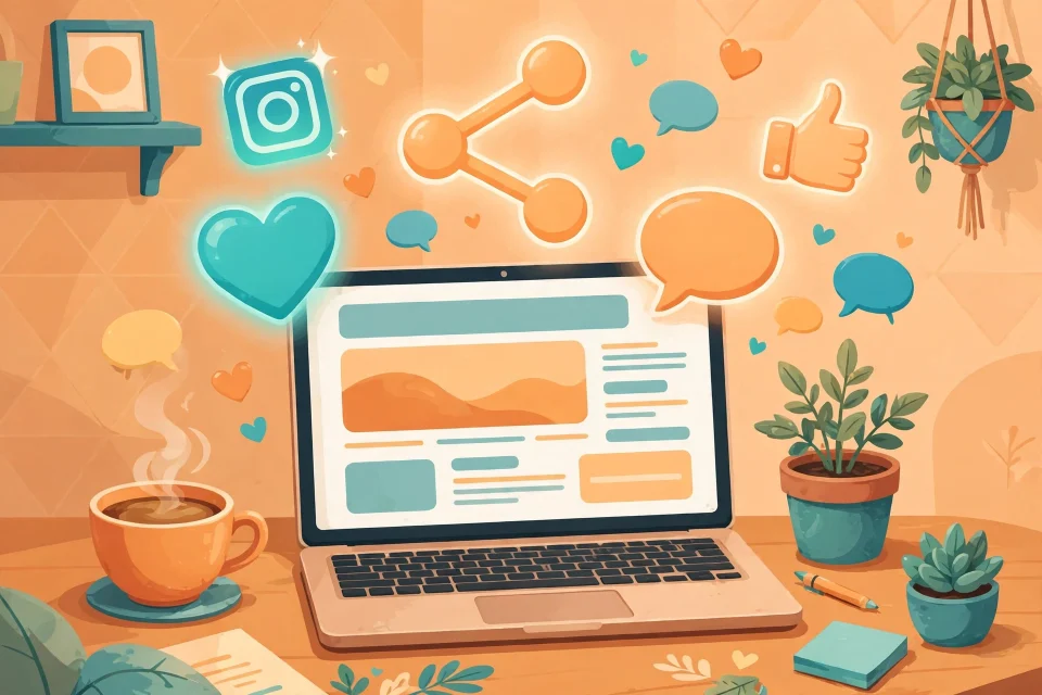 Ilustrasi blog WordPress yang terhubung dengan media sosial