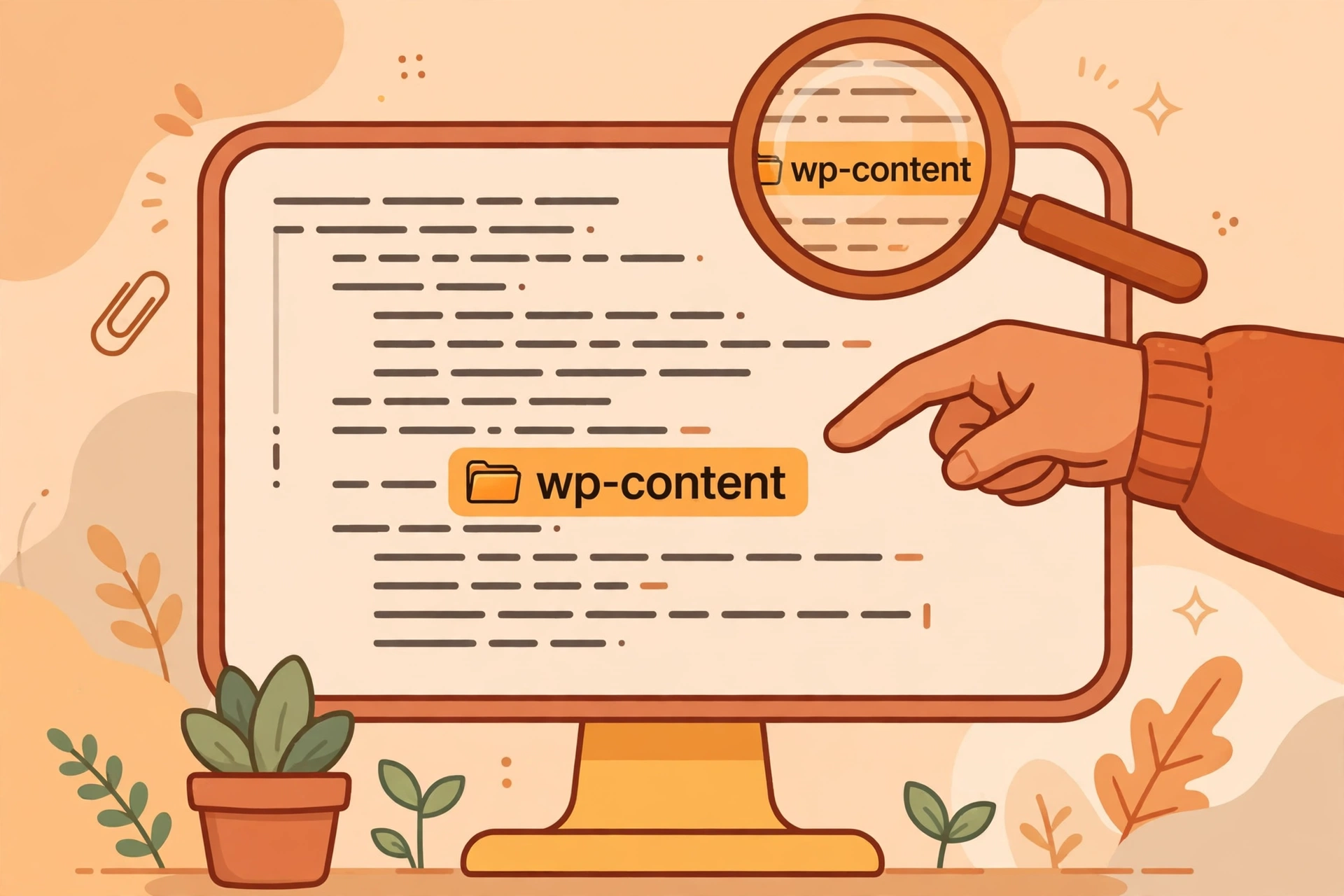 Ilustrasi layar komputer menampilkan kode sumber halaman website dengan penanda wp-content yang sedang diperiksa