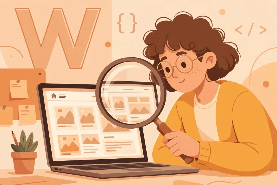 Ilustrasi seseorang memeriksa sebuah website di laptop dengan kaca pembesar untuk mendeteksi CMS WordPress