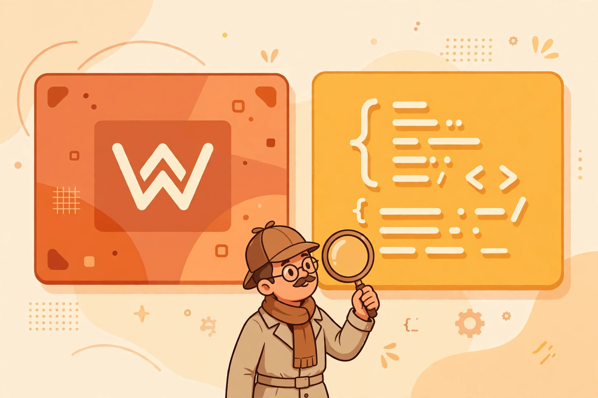 Ilustrasi perbandingan antara website WordPress dan website kustom yang diperiksa dengan kaca pembesar