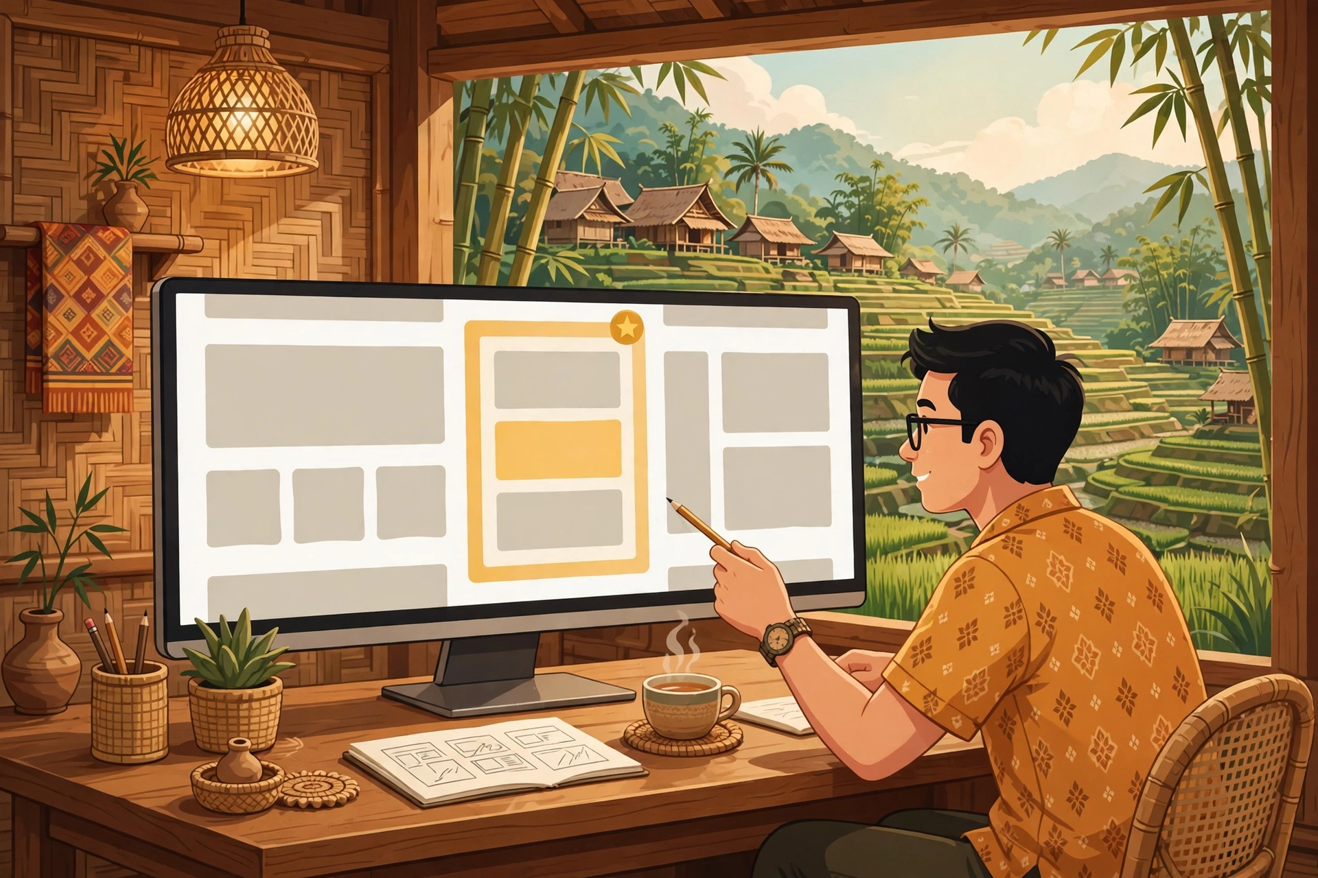 Ilustrasi operator desa membandingkan beberapa pilihan tema website
