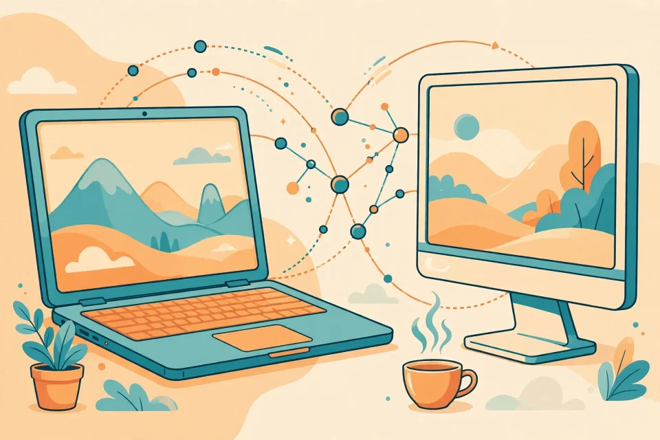 Ilustrasi koneksi desktop jarak jauh AnyDesk antara laptop dan komputer