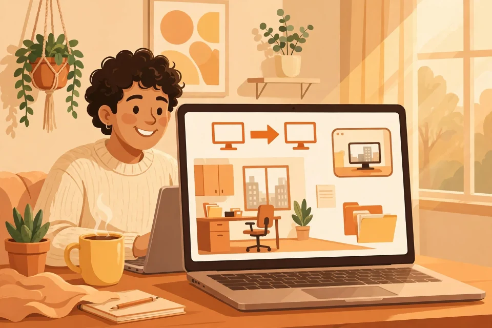 Ilustrasi remote desktop: pengguna mengakses komputer kantor dari laptop di rumah dengan koneksi aman