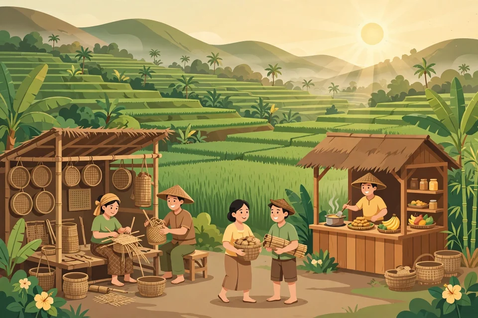 Ilustrasi usaha potensial di desa: sawah hijau, warung kuliner, dan kerajinan bambu