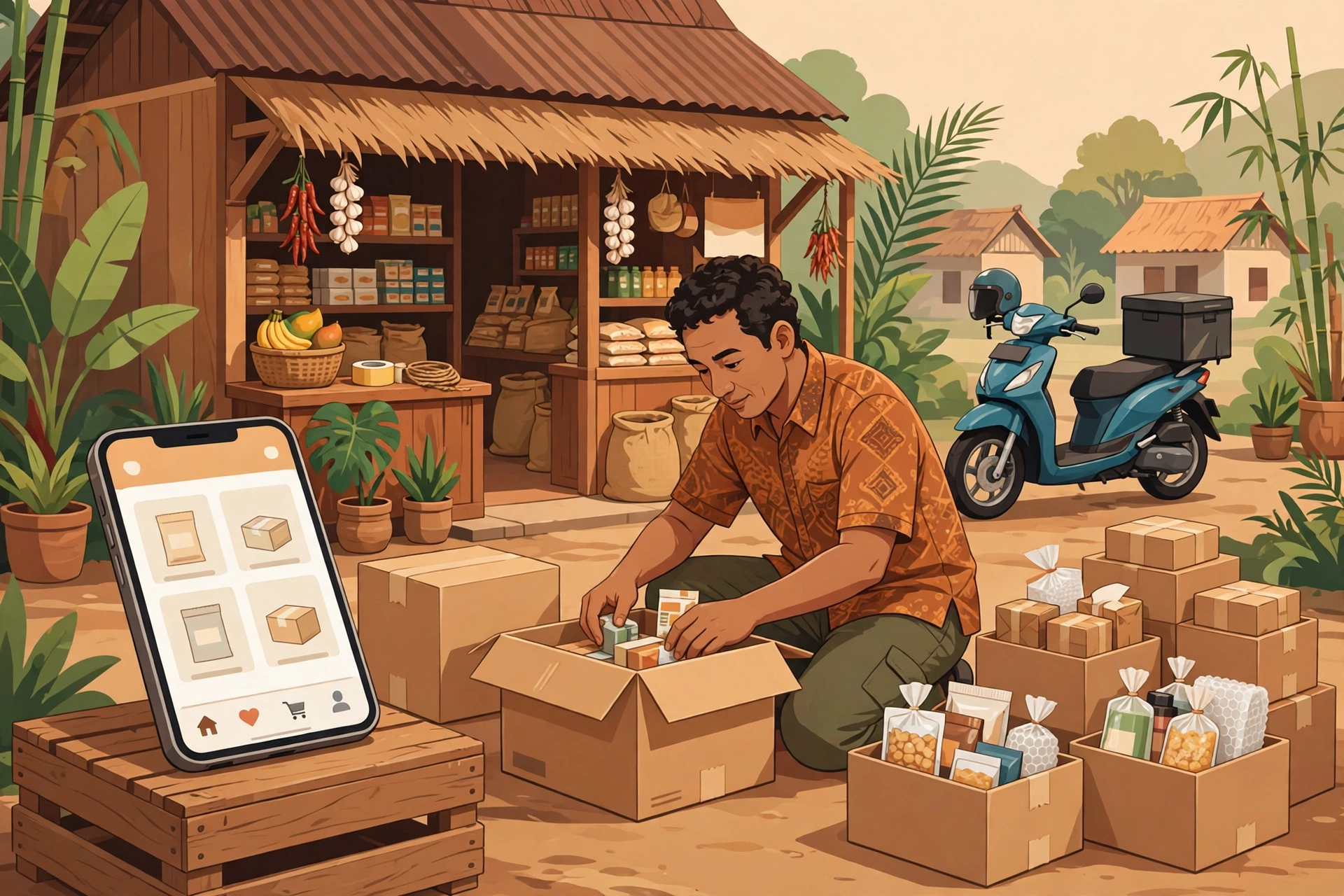 Pemilik toko desa mengemas pesanan online dengan smartphone dan motor pengantar