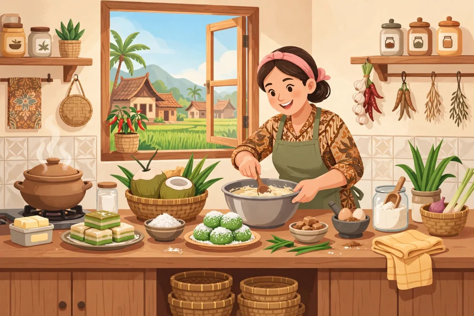 Ilustrasi ibu rumah tangga di desa membuat kue tradisional untuk usaha rumahan