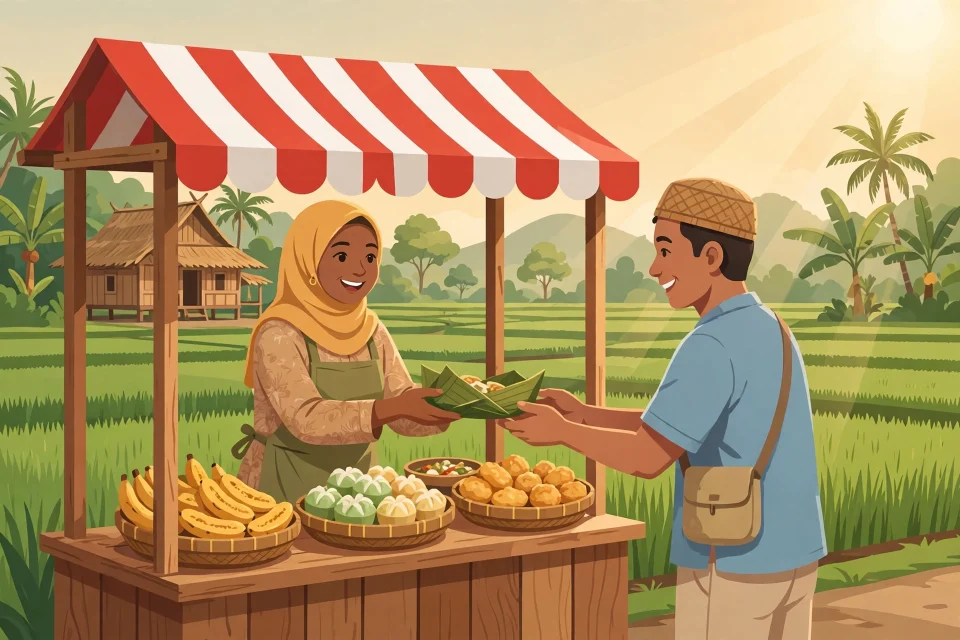 Ilustrasi warung makanan desa dengan jajanan tradisional