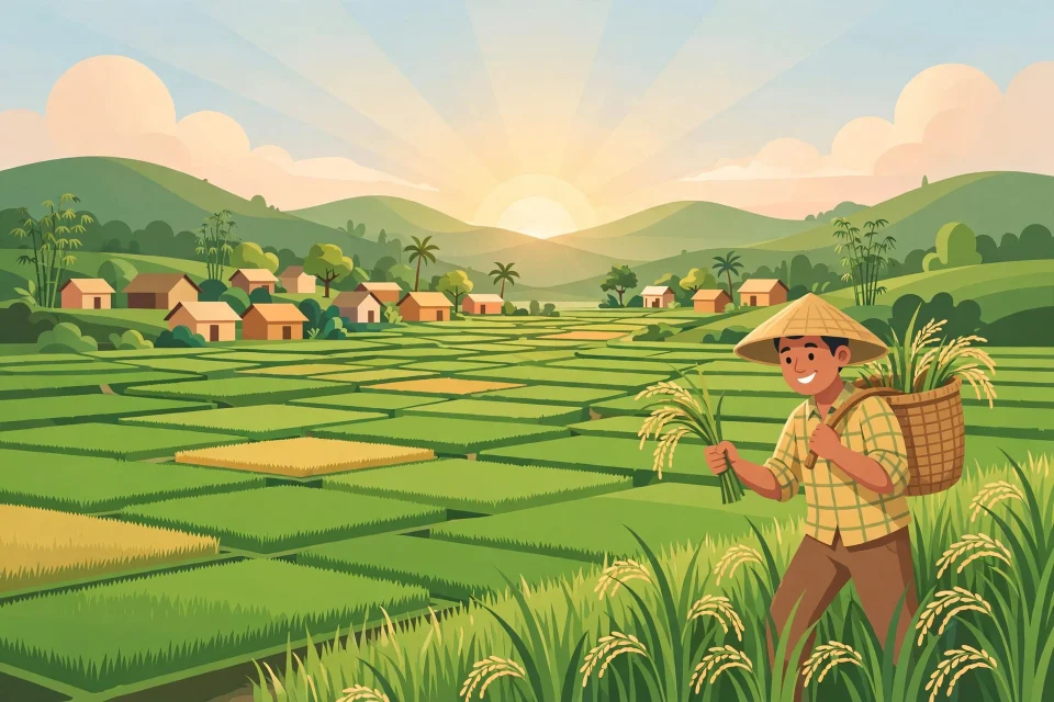 Ilustrasi sawah hijau dan petani panen padi di desa