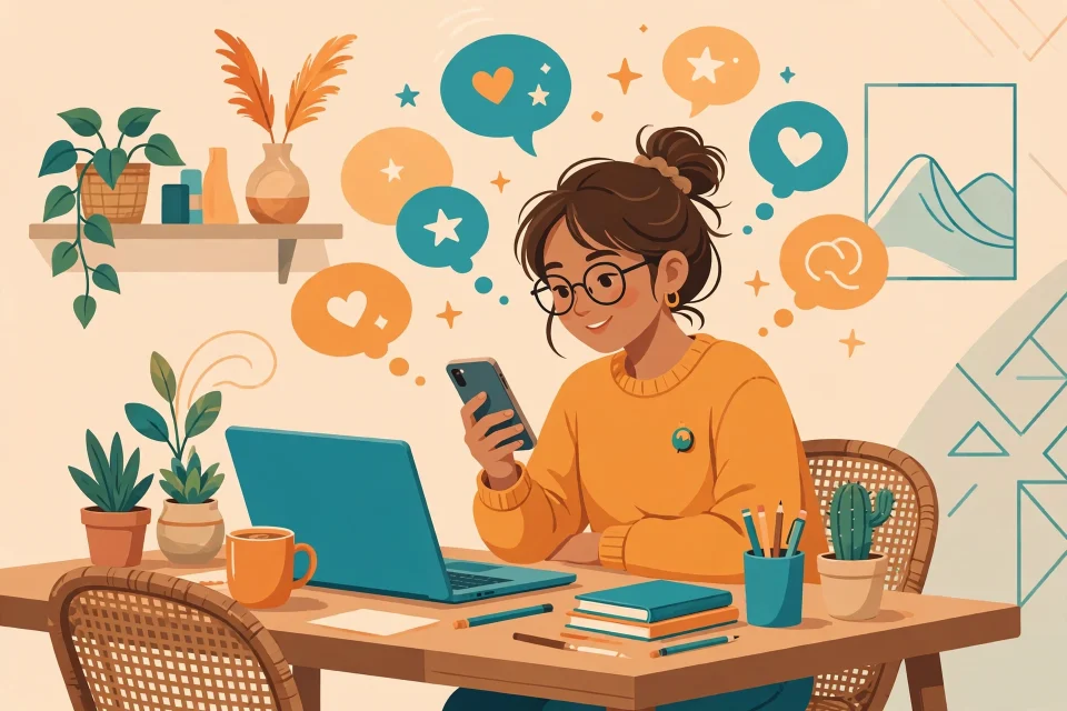 Ilustrasi pembuat konten Indonesia yang sedang membuat konten menarik di meja kerja