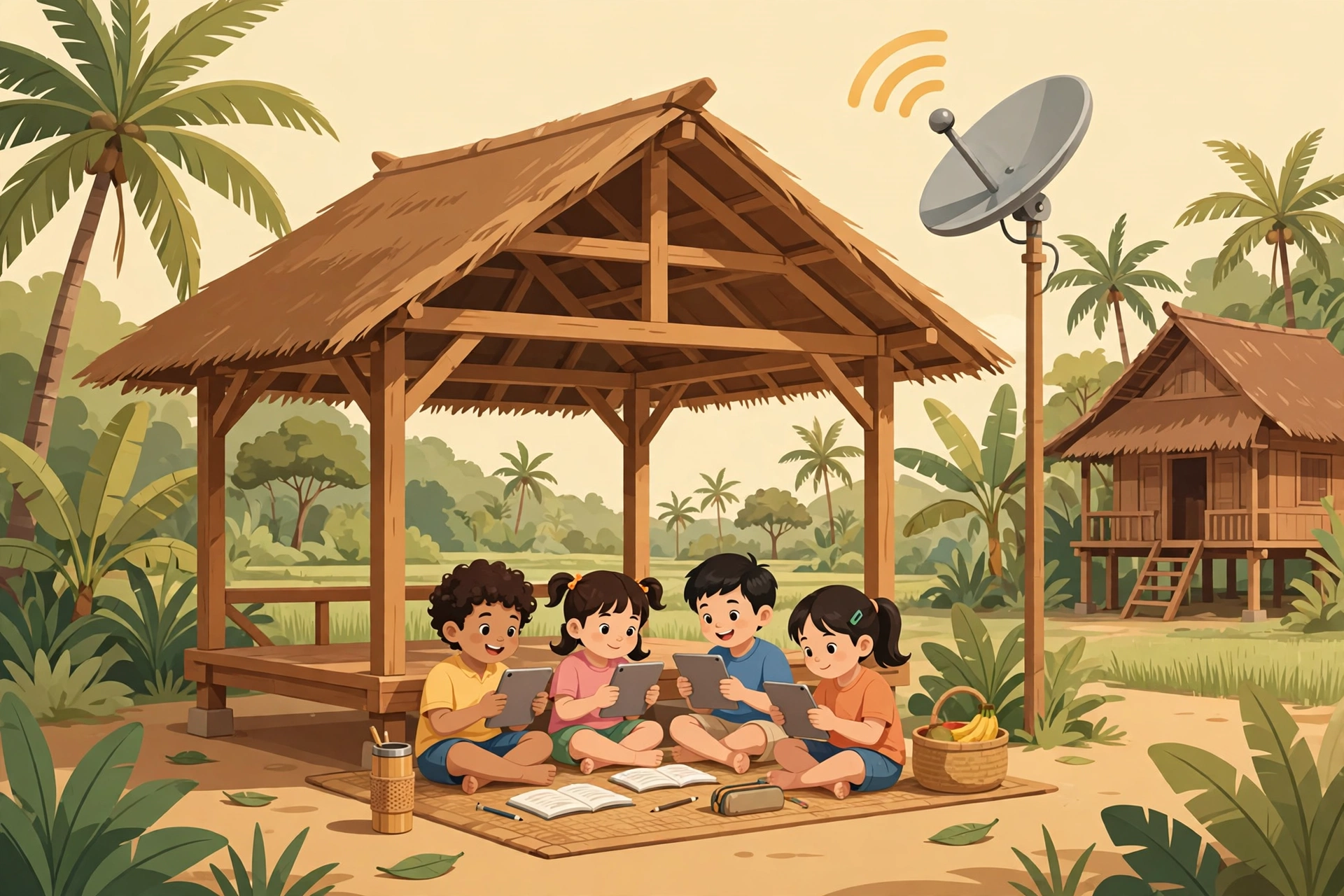 Ilustrasi anak-anak desa belajar online dengan tablet