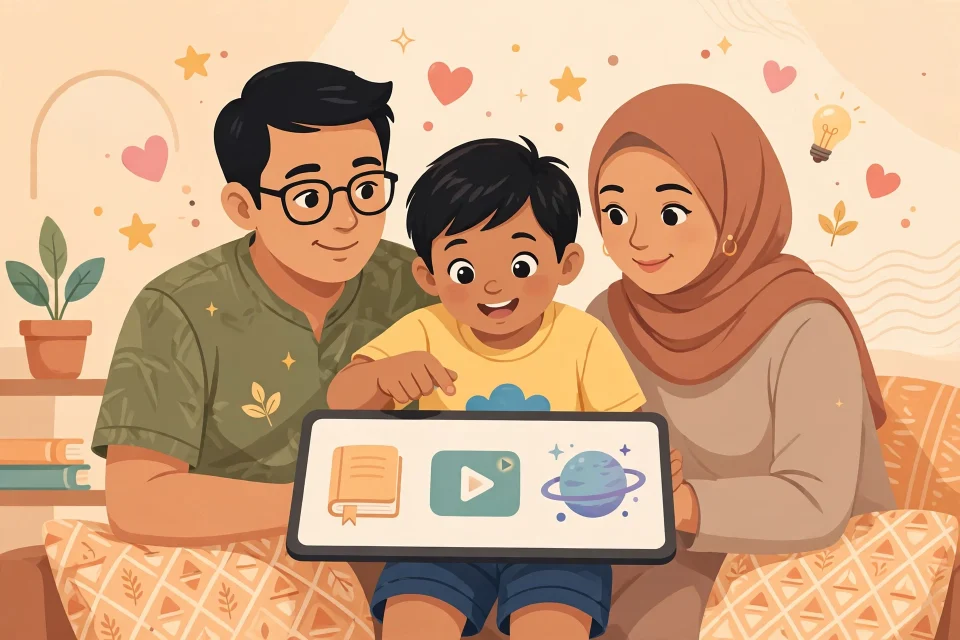 Anak bersama orang tua belajar menggunakan tablet untuk kegiatan edukasi di media sosial