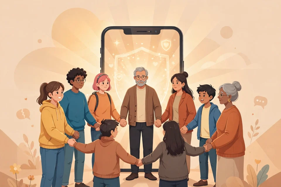 Ilustrasi masyarakat bergandengan tangan melawan cyberbullying