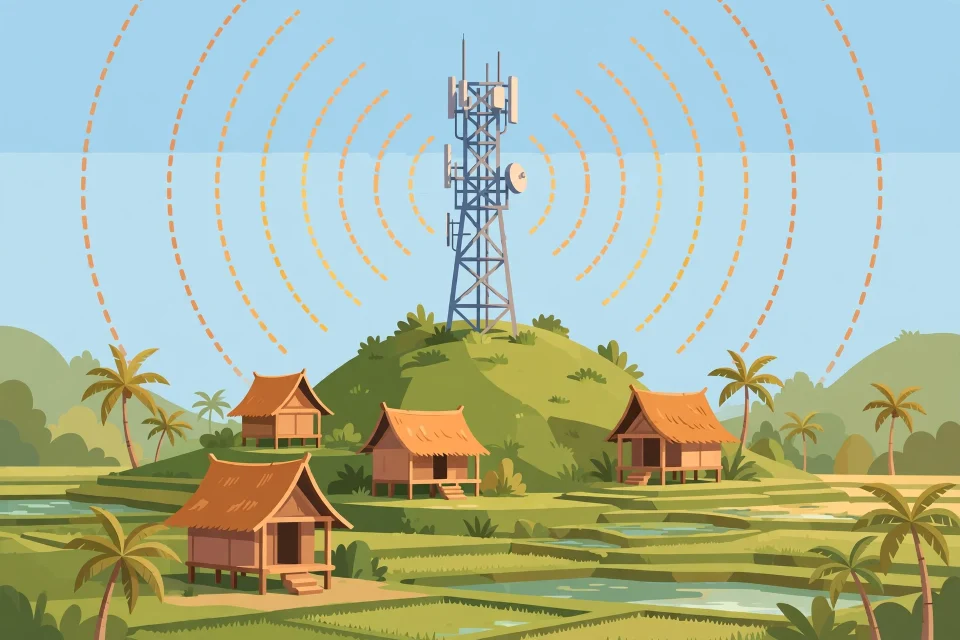 Ilustrasi menara BTS di desa Indonesia yang memancarkan sinyal internet