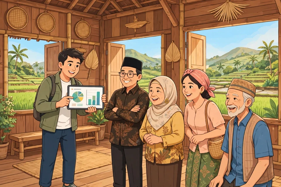 Ilustrasi warga dan perangkat desa berdiskusi menggunakan Sistem Informasi Desa