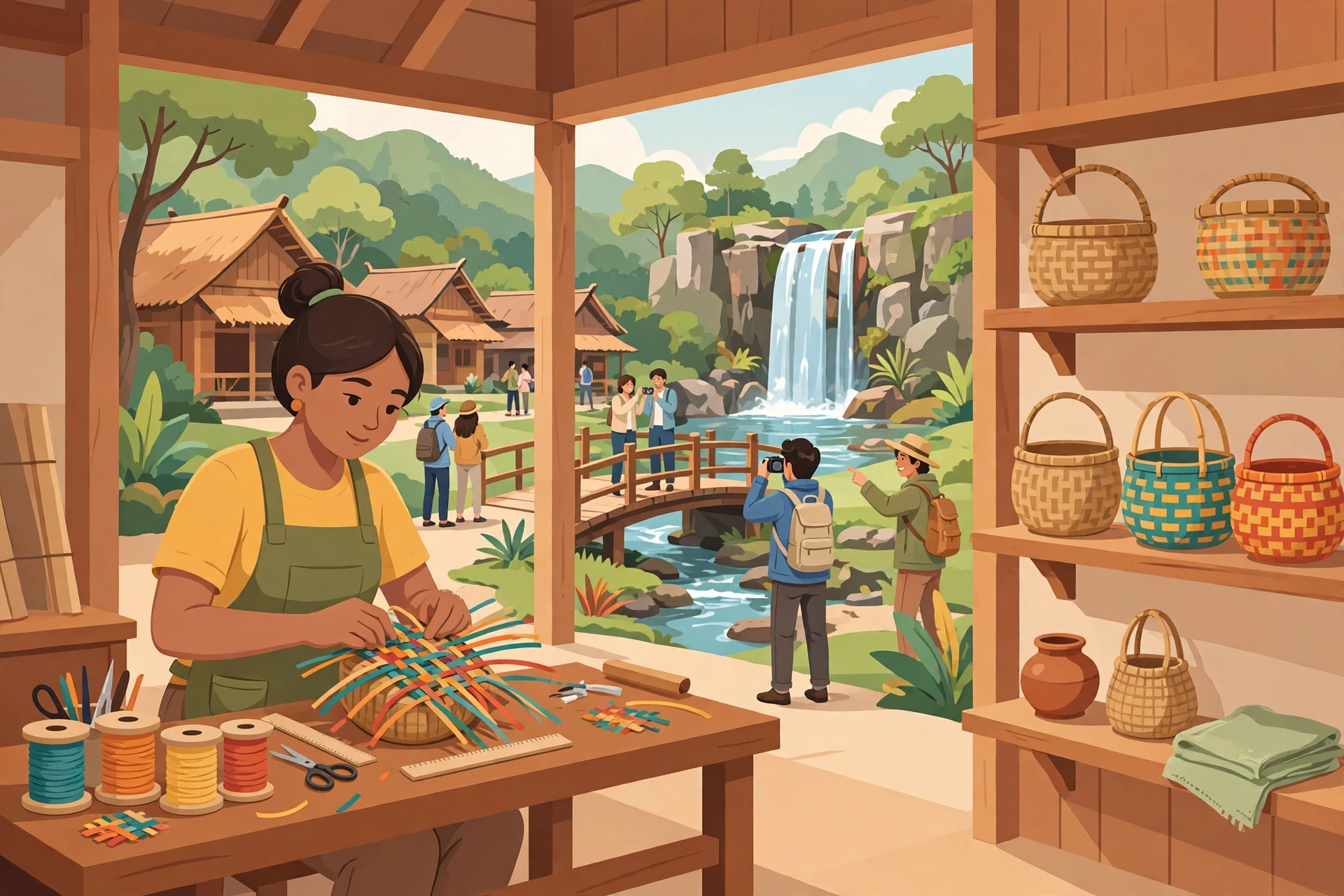 Ilustrasi kerajinan tangan dan wisata desa yang menarik wisatawan