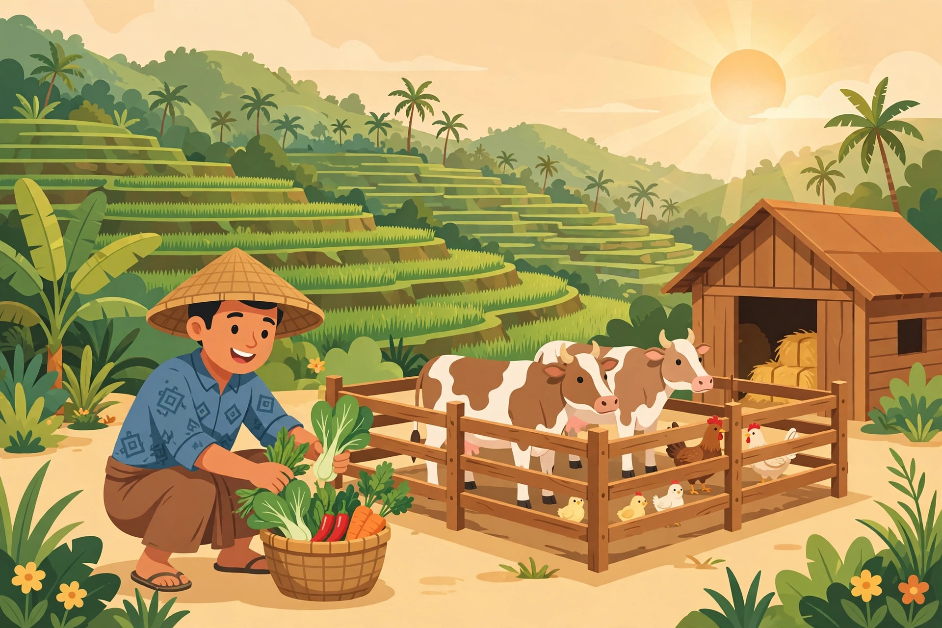 Ilustrasi pertanian dan peternakan di desa yang berkembang