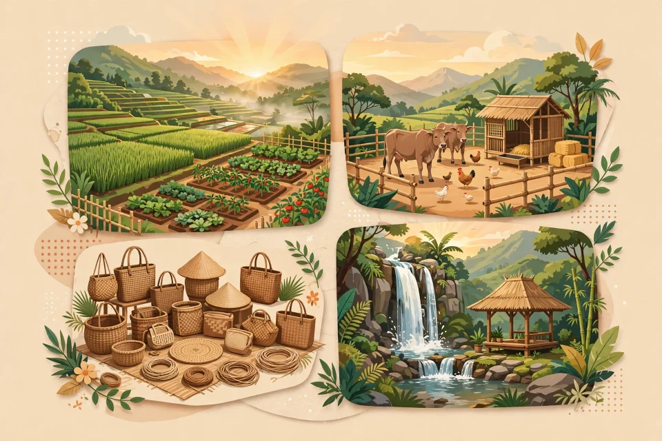 Ilustrasi berbagai peluang usaha menguntungkan di desa: pertanian, peternakan, kerajinan tangan, dan wisata desa