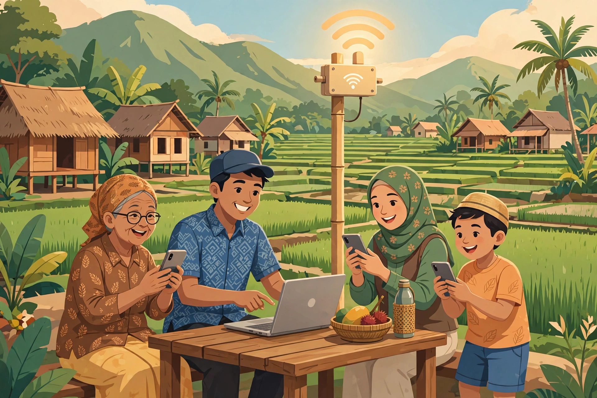 Ilustrasi warga desa menggunakan ponsel dan laptop di titik wifi desa