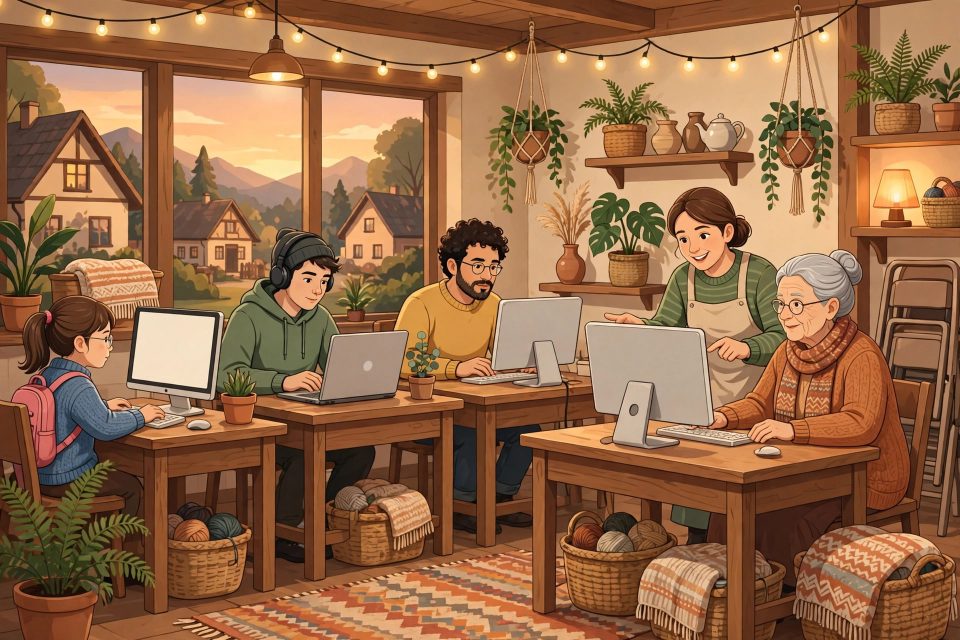 Suasana hangat warnet dan cafe internet di desa dengan warga menggunakan komputer