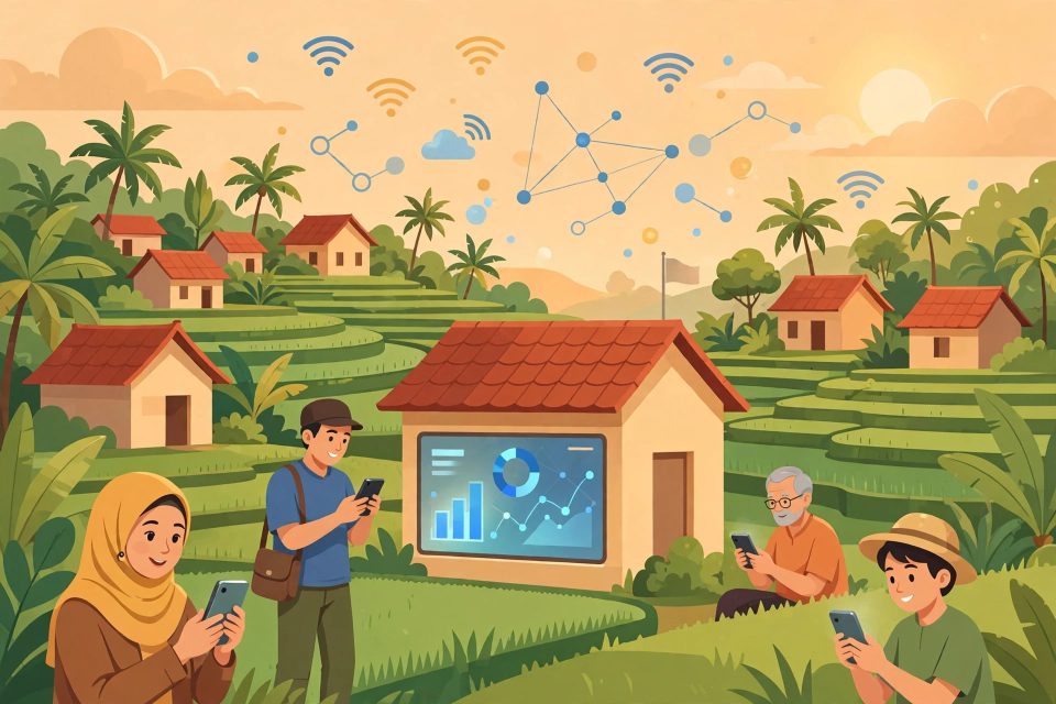 Ilustrasi desa digital di Indonesia dengan warga memakai gawai dan balai desa modern