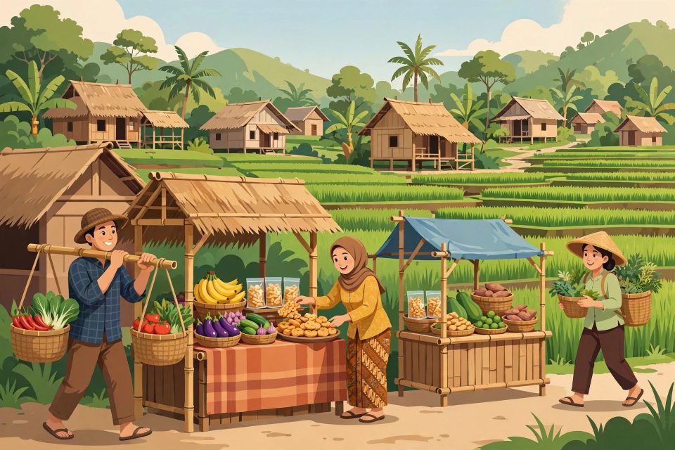 Ilustrasi usaha menguntungkan di desa, pasar dan pertanian desa yang ramai