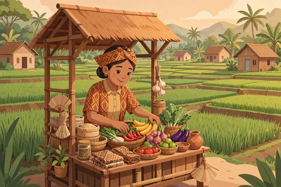 Ilustrasi usaha kecil di desa, warung dan produk lokal