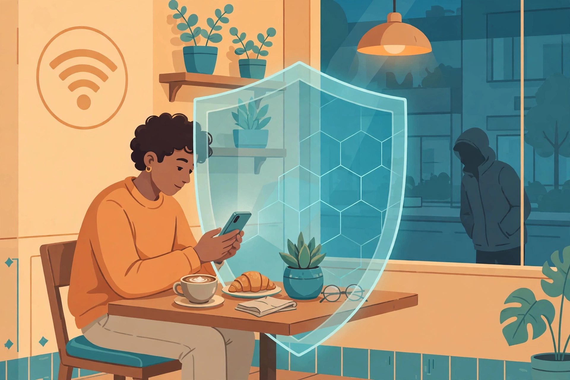 Ilustrasi menggunakan Wi-Fi publik di kafe dengan perlindungan VPN