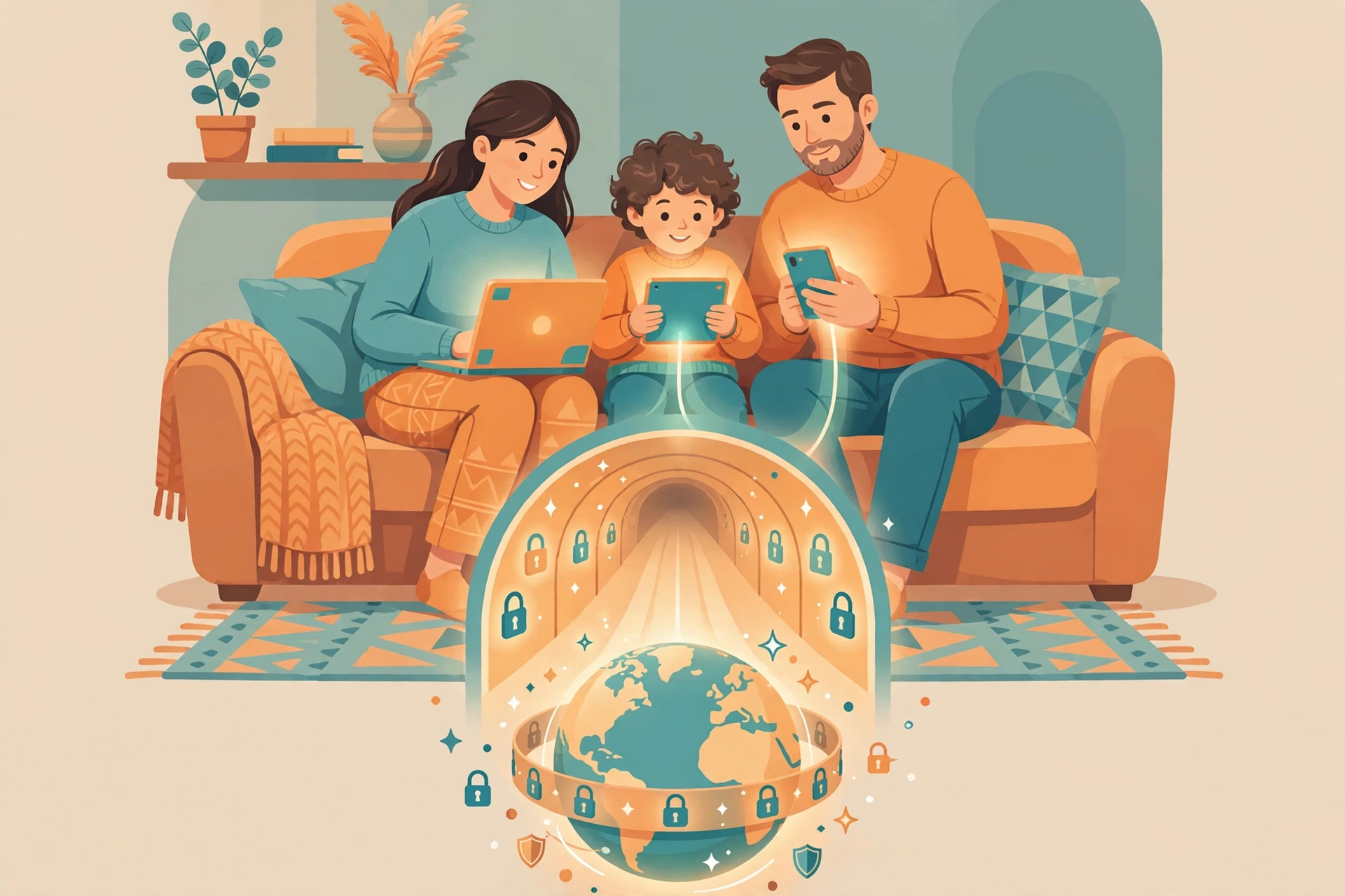 Ilustrasi keluarga memakai berbagai perangkat yang terhubung aman lewat VPN