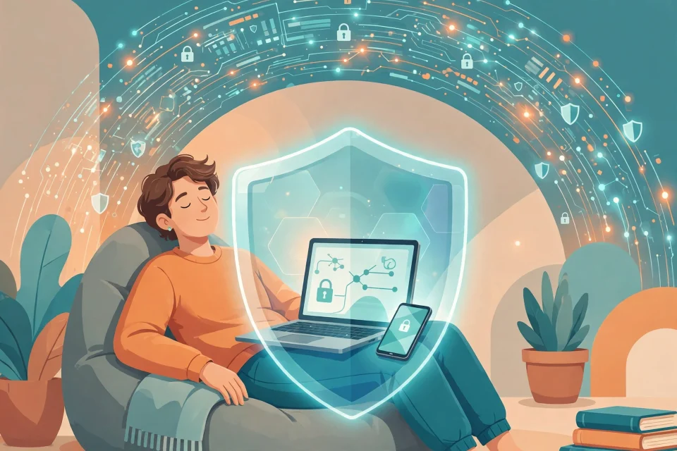 Ilustrasi VPN melindungi laptop dan ponsel dengan perisai keamanan