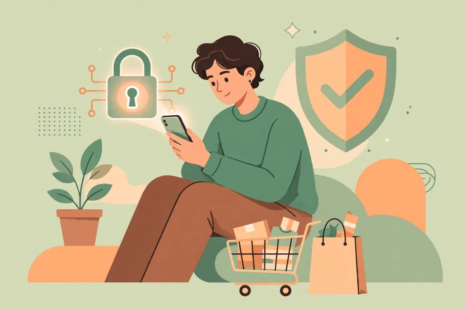 Ilustrasi warga berbelanja online dengan aman menggunakan ponsel dan perisai pelindung