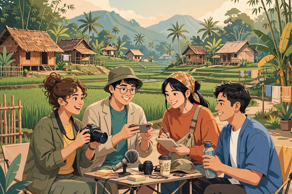 Ilustrasi para kreator konten desa yang sedang berkolaborasi membuat konten
