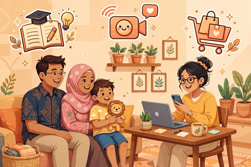 Keluarga dan pekerja muda memanfaatkan internet untuk belajar, bekerja, dan berbelanja dari rumah