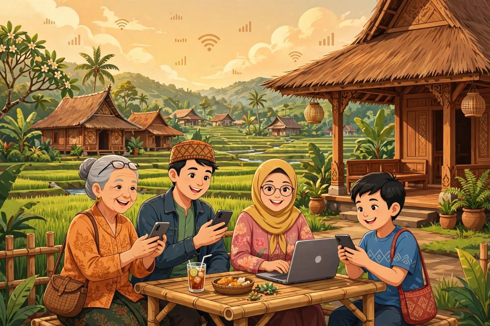 Ilustrasi desa digital: warga desa memanfaatkan internet dan teknologi untuk kehidupan sehari-hari