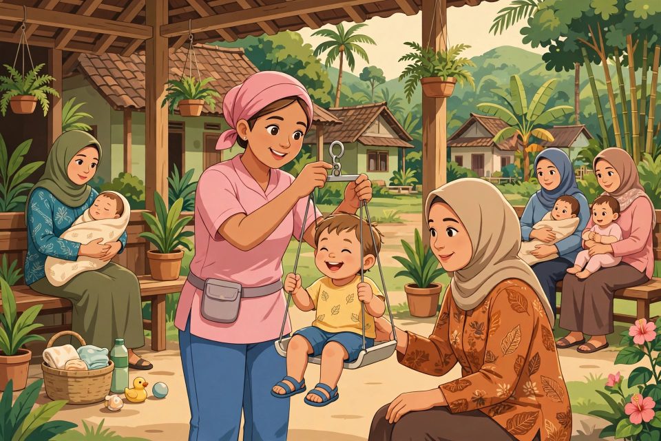 Kader posyandu menimbang balita di posyandu desa