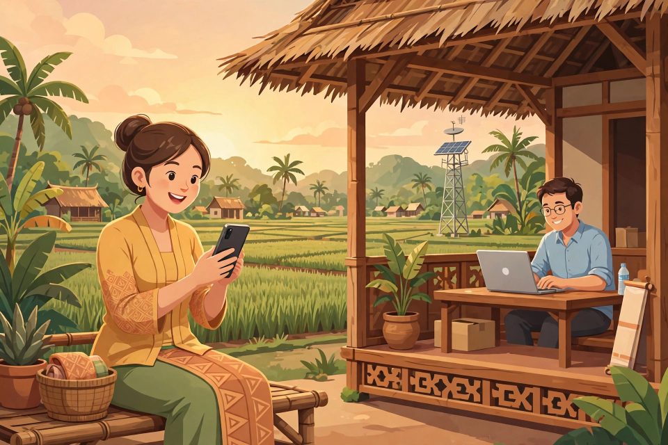 Warga desa menggunakan internet di balai desa dengan latar sawah