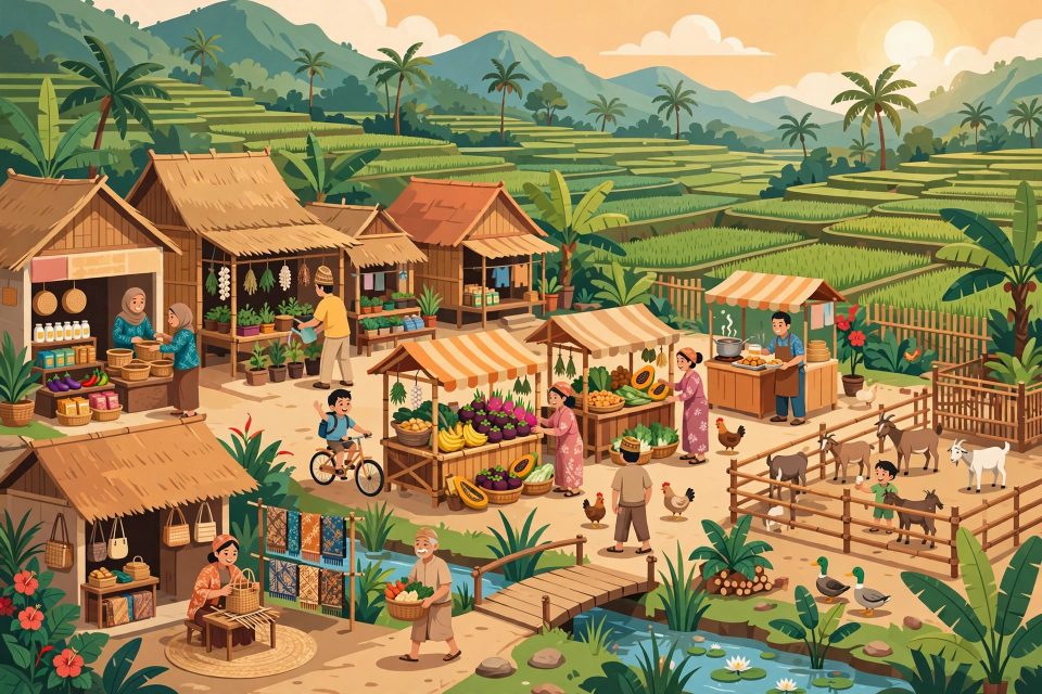Ilustrasi desa yang makmur dengan usaha kecil, sawah, dan pasar desa