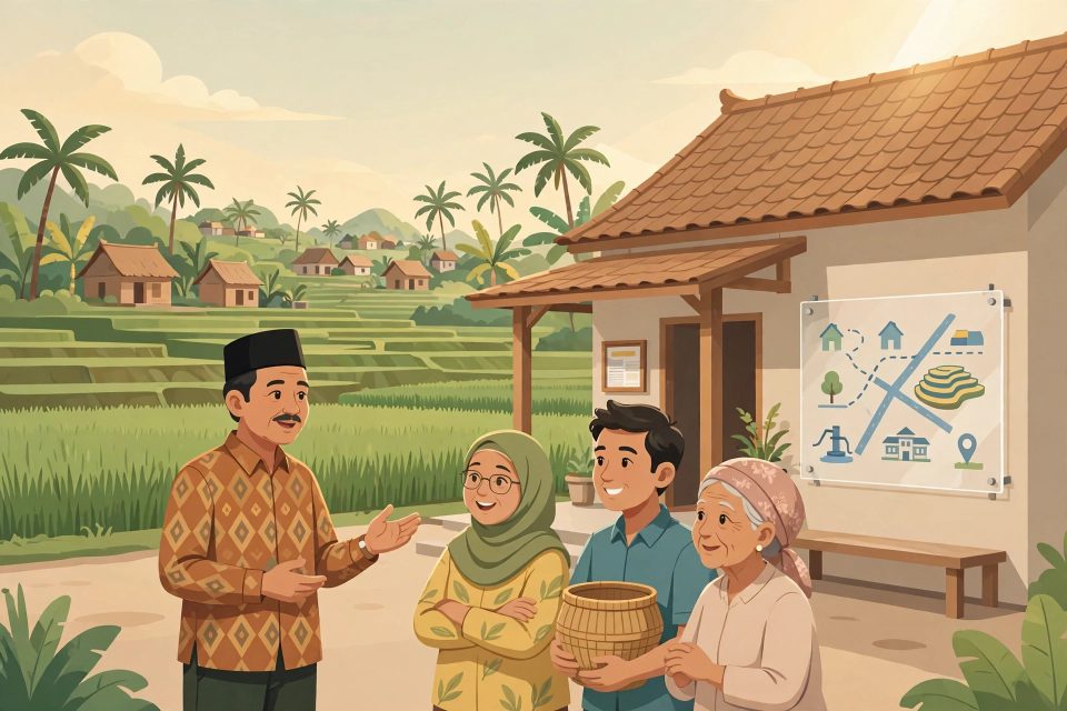 Kepala desa berdiskusi dengan warga di depan kantor desa tentang tata kelola pemerintahan yang transparan