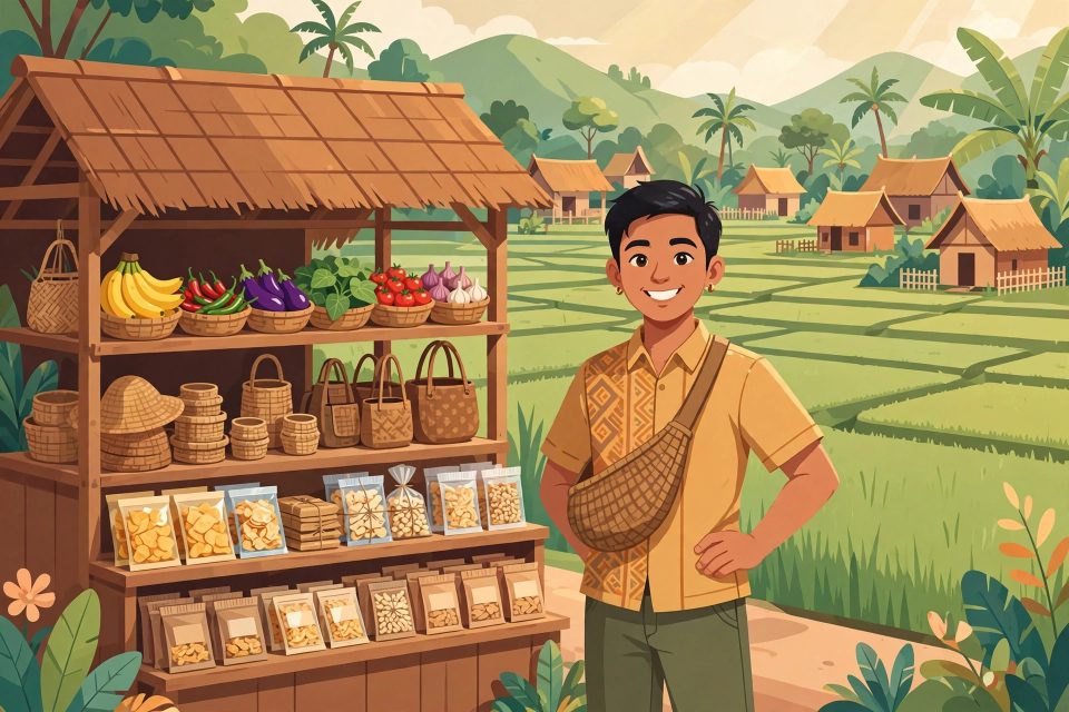 Wirausahawan muda desa di depan usaha kecilnya